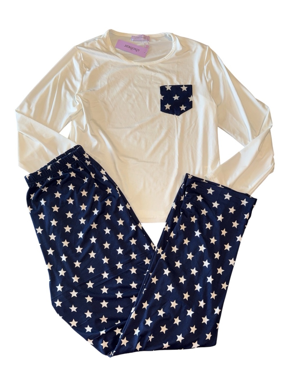 Women’s White Long Sleeve Pajama Top with Navy Star Pocket & Navy Star Pants